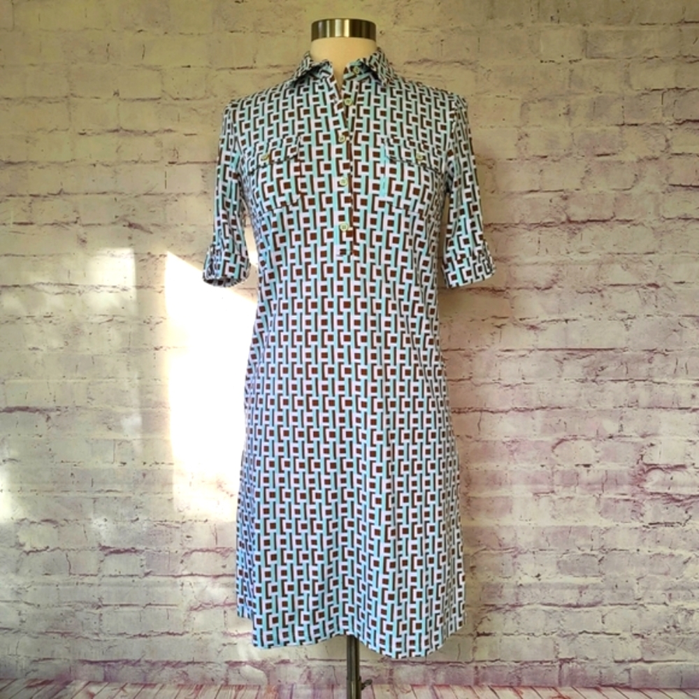 J. McLaughlin Mod Geo Square Print Popover Short Sleeve Stretch Shirtdress XS